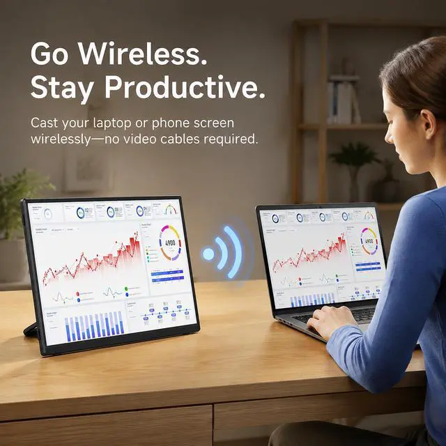 Alt view image 2 of 6 - Wireless Portable Monitor 15.6", 8000mAh Battery, 1080P FHD IPS | 4H Runtime, 360° Rotating Stand, AirPlay & Miracast, USB-C & HDMI, VESA, Carry Bag, Wired/Wireless for MacBook, Laptop, Phone