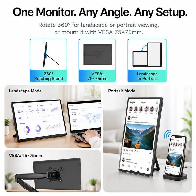 Alt view image 4 of 6 - Wireless Portable Monitor 15.6", 8000mAh Battery, 1080P FHD IPS | 4H Runtime, 360° Rotating Stand, AirPlay & Miracast, USB-C & HDMI, VESA, Carry Bag, Wired/Wireless for MacBook, Laptop, Phone