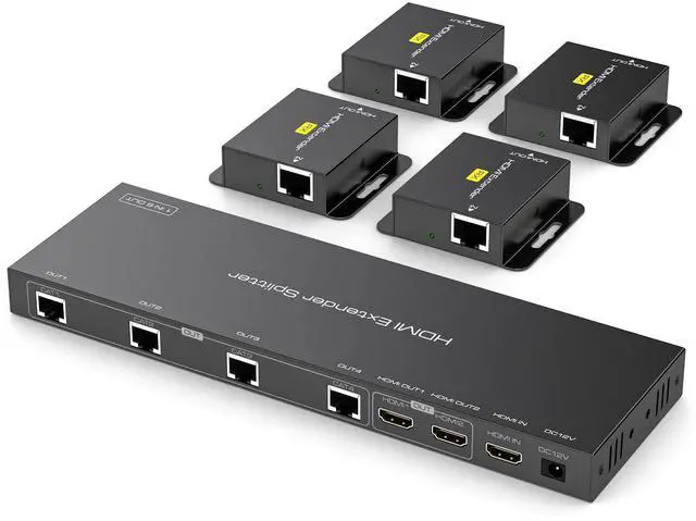 Main image of HDMI Extender Splitter 1x4 HDMI Over Ethernet Splitter 1080P Up to 165ft with EDID, POC, 2 HDMI Loop Out Black