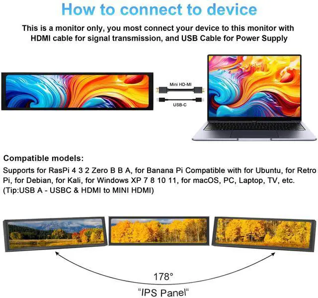 Alt view image 5 of 6 - 11.3 Inch Mini Monitor - FHD IPS1920x440 LCD Display, Computer Secondary Screen, CPU GPU Temp Monitors with Casing for Windows macOS Aida64 Monitor