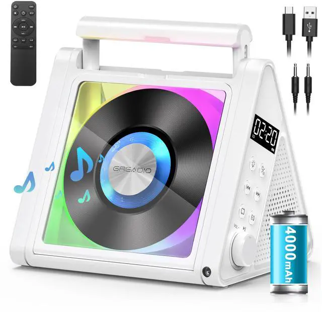Main image of Portable CD Player with Bluetooth & RGB Ambient Lights for Desktop | 4000mAh Rechargeable, Simple Controls, Supports CD/MP3/WMA, FM Radio, USB, AUX, Optical Output for music lovers, Gift (White