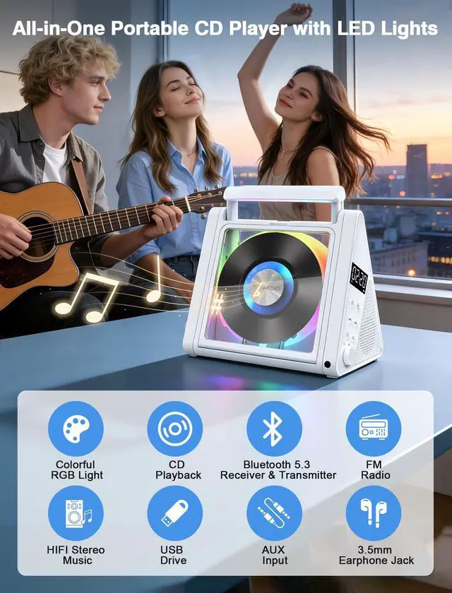 Alt view image 4 of 6 - Portable CD Player with Bluetooth & RGB Ambient Lights for Desktop | 4000mAh Rechargeable, Simple Controls, Supports CD/MP3/WMA, FM Radio, USB, AUX, Optical Output for music lovers, Gift (White