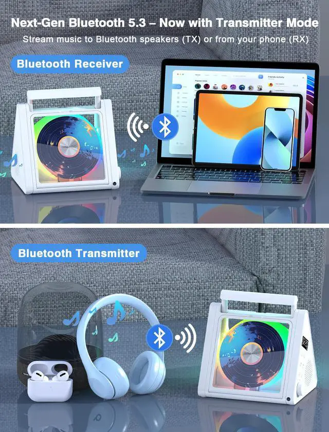 Alt view image 5 of 6 - Portable CD Player with Bluetooth & RGB Ambient Lights for Desktop | 4000mAh Rechargeable, Simple Controls, Supports CD/MP3/WMA, FM Radio, USB, AUX, Optical Output for music lovers, Gift (White