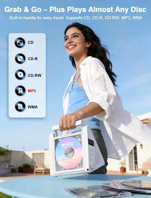 Alt view image 6 of 6 - Portable CD Player with Bluetooth & RGB Ambient Lights for Desktop | 4000mAh Rechargeable, Simple Controls, Supports CD/MP3/WMA, FM Radio, USB, AUX, Optical Output for music lovers, Gift (White