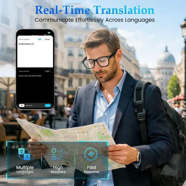 Alt view image 4 of 6 - AI Smart Glasses with 8MP Camera, 1080P Video Recording & HD Photos for Men Women, Open-Ear Audio Bluetooth Glasses, Photochromic Lenses, AI Voice Assistant & Translation, Clear Calls & Music