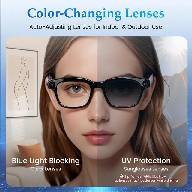 Alt view image 6 of 6 - AI Smart Glasses with 8MP Camera, 1080P Video Recording & HD Photos for Men Women, Open-Ear Audio Bluetooth Glasses, Photochromic Lenses, AI Voice Assistant & Translation, Clear Calls & Music