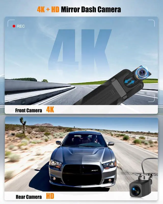 Alt view image 2 of 6 - 4K Mirror Dash Cam Front and Rear, WiFi Rear View Mirror Camera, 9.66" Full Touch Screen, Dash Camera for Cars, Night Vision, G-Sensor, Loop Recording, Reverse Assist