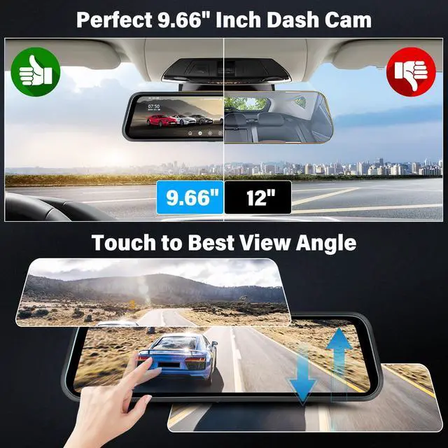 Alt view image 2 of 6 - Rear View Mirror Camera, Mirror Dash Cam for Car 1080P Front & Rear Mirror Cameras 9.66 Inch HD IPS Full Touch Screen 64G Card Night Vision Motion Detection Loop Recording 24H Parking Monitor