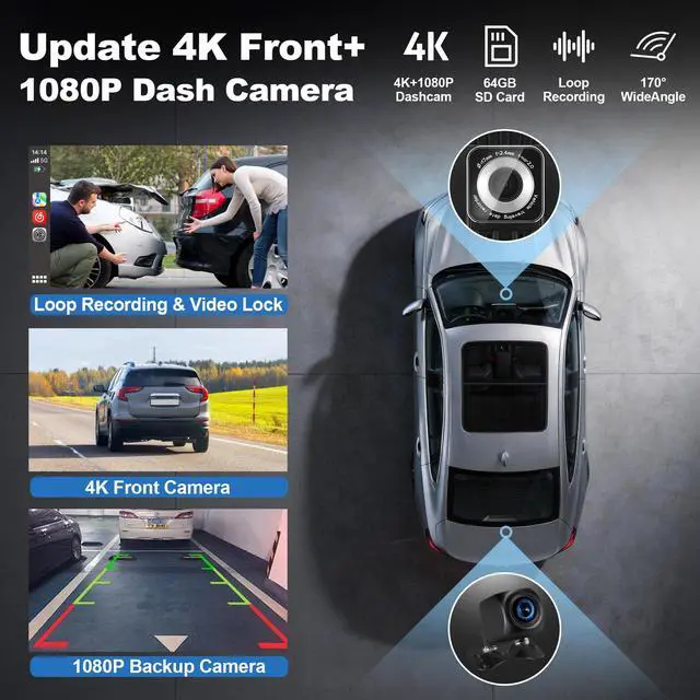 Alt view image 5 of 6 - 9'' Wireless CarPlay Screen for Car, Apple Car Play & Android Auto Car Stereo HD Touchscreen with 4K Dash Cam & 1080P Backup Camera, GPS Navigation & Mirror Link, for Most Vehicles