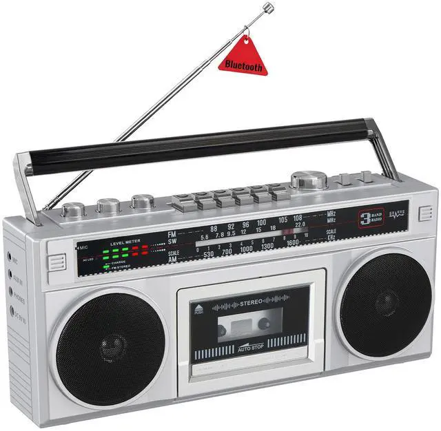 Main image of Cassette Tape Player Boombox with Bluetooth and AM/FM/SW Radios | Retro Portable Boom Box, Stereo Speakers, Tape Recorder & USB MP3 Converter, Built-in MIC, DC/AC Powered