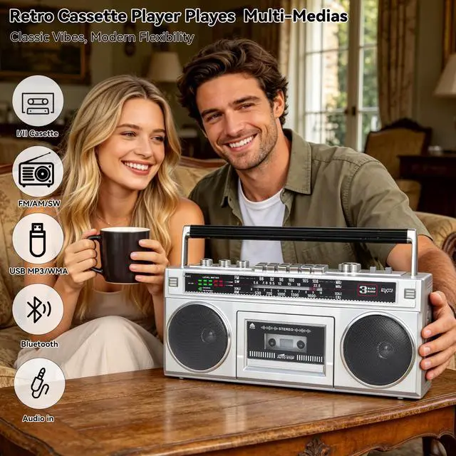 Alt view image 2 of 6 - Cassette Tape Player Boombox with Bluetooth and AM/FM/SW Radios | Retro Portable Boom Box, Stereo Speakers, Tape Recorder & USB MP3 Converter, Built-in MIC, DC/AC Powered