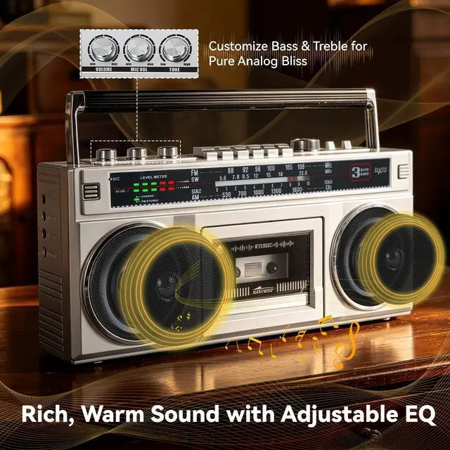 Alt view image 3 of 6 - Cassette Tape Player Boombox with Bluetooth and AM/FM/SW Radios | Retro Portable Boom Box, Stereo Speakers, Tape Recorder & USB MP3 Converter, Built-in MIC, DC/AC Powered