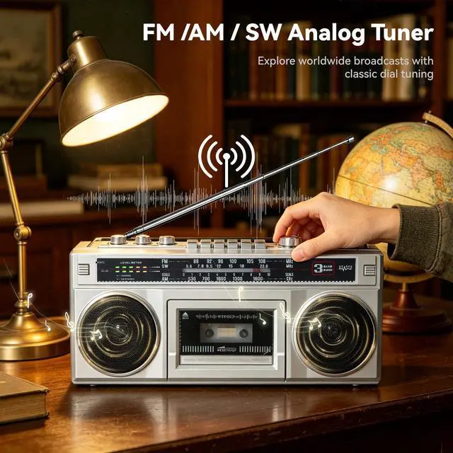 Alt view image 4 of 6 - Cassette Tape Player Boombox with Bluetooth and AM/FM/SW Radios | Retro Portable Boom Box, Stereo Speakers, Tape Recorder & USB MP3 Converter, Built-in MIC, DC/AC Powered