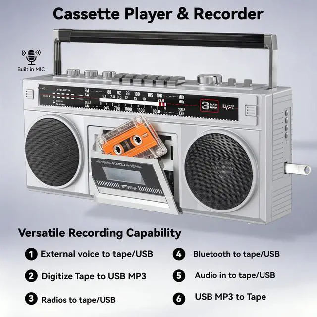 Alt view image 5 of 6 - Cassette Tape Player Boombox with Bluetooth and AM/FM/SW Radios | Retro Portable Boom Box, Stereo Speakers, Tape Recorder & USB MP3 Converter, Built-in MIC, DC/AC Powered