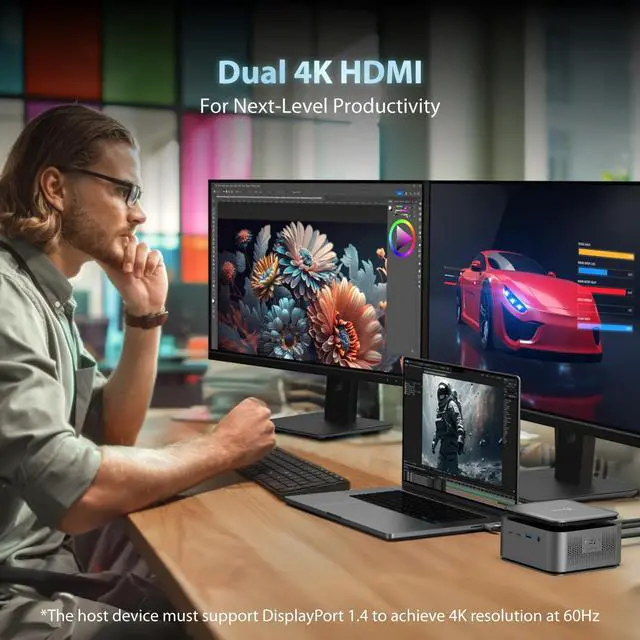 Alt view image 3 of 6 - Dual 4K Display Powerbase Docking Station with 145W Charging Power | 10Gbps Data Transfer, Card Slots, Ethernet, and Audio Port for Windows Laptop and MacBook (JCDP4140)