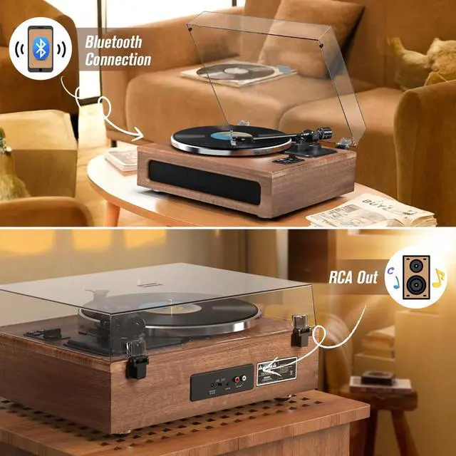 Alt view image 5 of 6 - All-in-One Vintage Record Player High Fidelity Belt Drive Turntable for Vinyl Records Built-in 2 Tweeter and 2 Bass Stereo Speakers, Vinyl Player with MM Cartridge, Bluetooth, Aux-in, RCA, Auto Stop