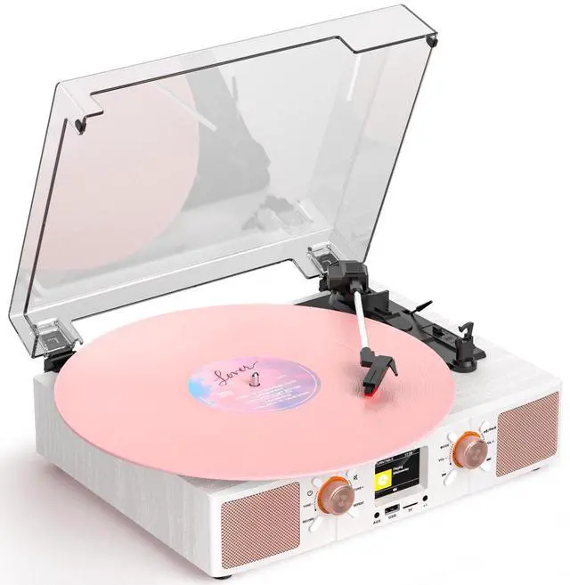 Main image of Vinyl Record Player 3-Speed Bluetooth Turntable with Built-in Speakers, USB/TF Playback, LCD Color Display, Alarm, RCA/AUX/Headphone, White & Rose Gold