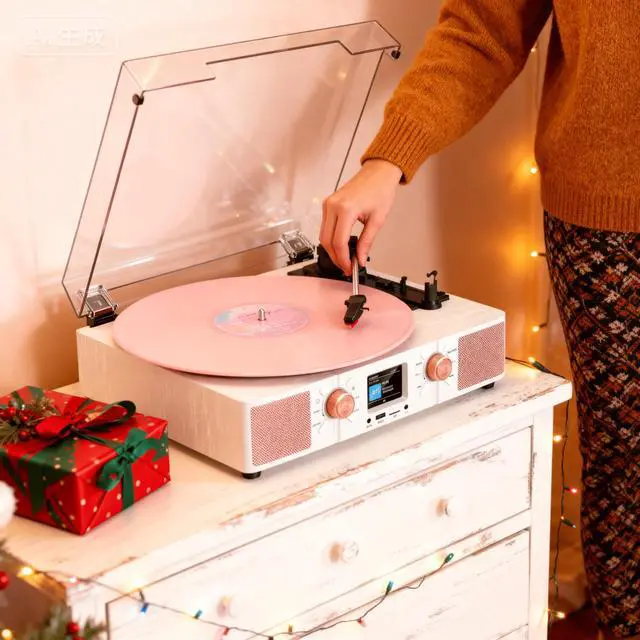 Alt view image 6 of 6 - Vinyl Record Player 3-Speed Bluetooth Turntable with Built-in Speakers, USB/TF Playback, LCD Color Display, Alarm, RCA/AUX/Headphone, White & Rose Gold