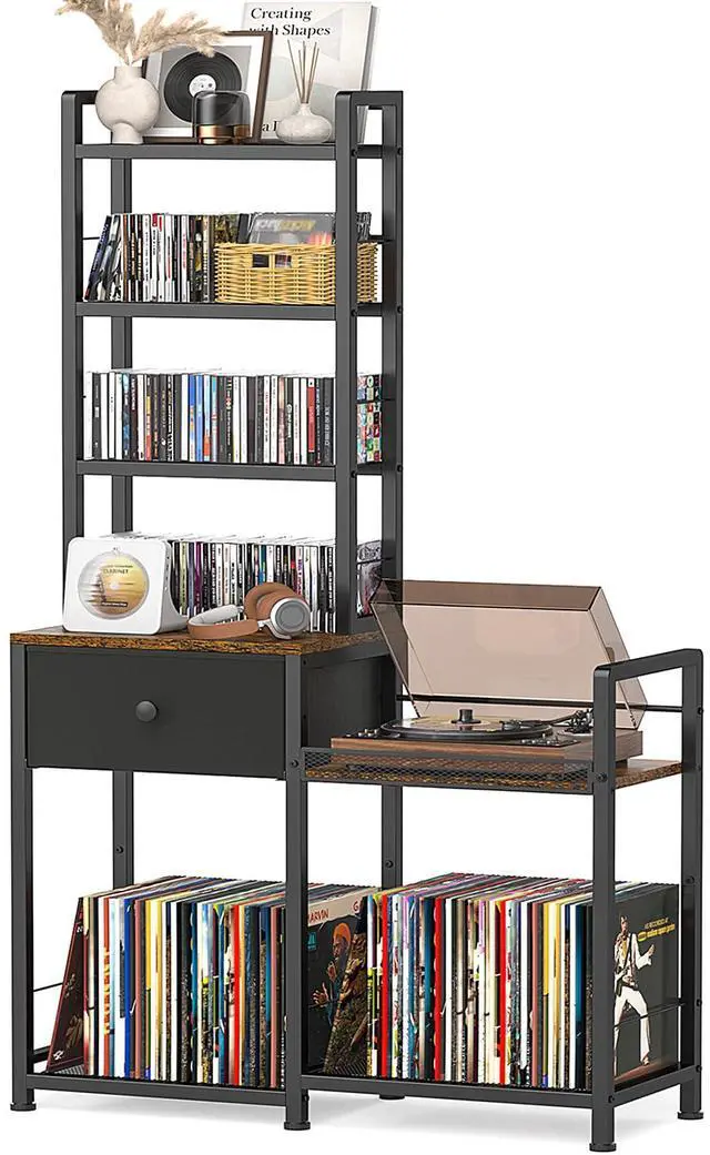 Main image of CD Rack with Drawer, 7-Tier DVD Organizer Shelf with Vinyl Storage | Media Storage Rack for CDs/DVDs, Vinyl Records, Books & Games, Ideal for Living Room & Home Office, 32.1x11.8x57.2 in, Brown