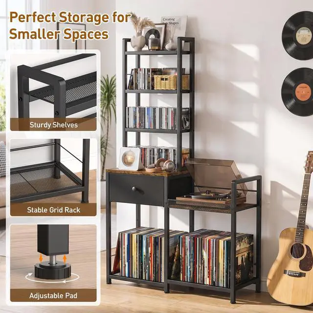 Alt view image 4 of 6 - CD Rack with Drawer, 7-Tier DVD Organizer Shelf with Vinyl Storage | Media Storage Rack for CDs/DVDs, Vinyl Records, Books & Games, Ideal for Living Room & Home Office, 32.1x11.8x57.2 in, Brown