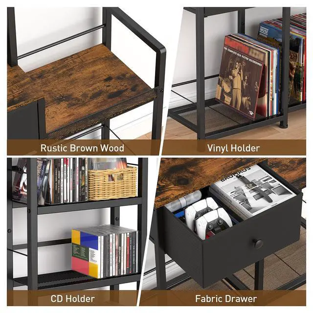 Alt view image 5 of 6 - CD Rack with Drawer, 7-Tier DVD Organizer Shelf with Vinyl Storage | Media Storage Rack for CDs/DVDs, Vinyl Records, Books & Games, Ideal for Living Room & Home Office, 32.1x11.8x57.2 in, Brown