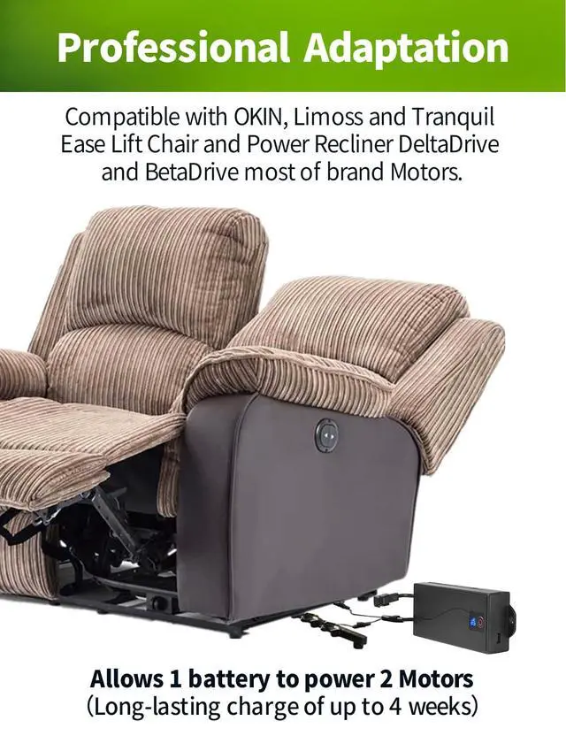 Alt view image 2 of 6 - Battery Pack for Reclining Furniture, 2500mAh Universal Wireless Power Recliner Battery Rechargeable with 2-Pin Electric Cord for Electric Recliner, Lift Chairs, Sofas