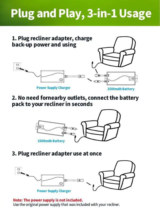 Alt view image 4 of 6 - Battery Pack for Reclining Furniture, 2500mAh Universal Wireless Power Recliner Battery Rechargeable with 2-Pin Electric Cord for Electric Recliner, Lift Chairs, Sofas