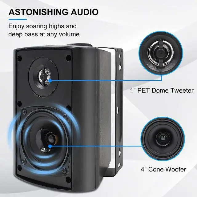Alt view image 4 of 6 - Passive Outdoor Speakers Wired Waterproof, 4 Inches 2-Way 400W Wall Mounted Speakers with Dome Tweeter, All-Weather Durability, for Patio Porch Backyard (2Pairs, Black)