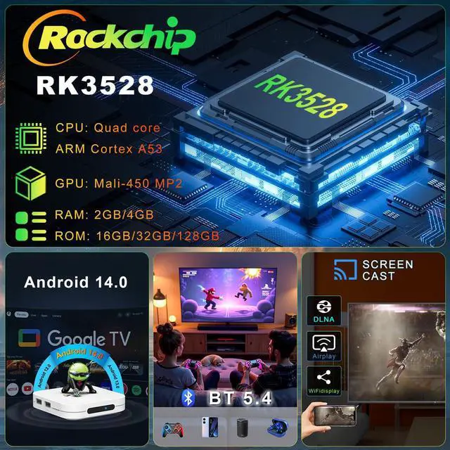 Alt view image 4 of 6 - Android 14.0 TV Box 2026, M1 Plus 4K UHD Streaming Device for TV, | 4GB RAM 128GB ROM, Smart TV Box with 2.4G/5G WiFi 6, BT 5.4, Voice Control, HDR10, RK3528 Quad Core A53