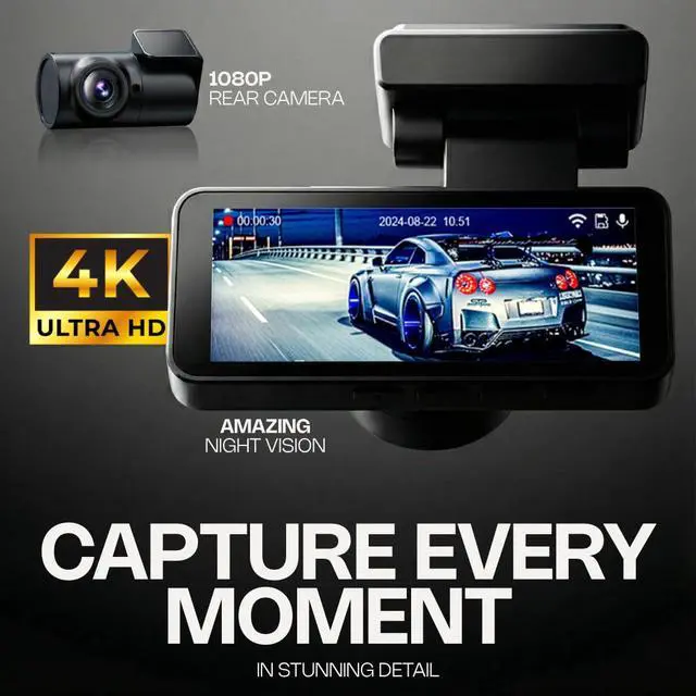 Alt view image 2 of 6 - 4K Dual Dash Cam Front and Rear UHD 2160P & 1080P Car Camera with WiFi, 60FPS, 64GB SD Card Included, Night Vision, Parking Mode, G-Sensor, Loop Recording, 170° Dash Camera for Cars Trucks RV