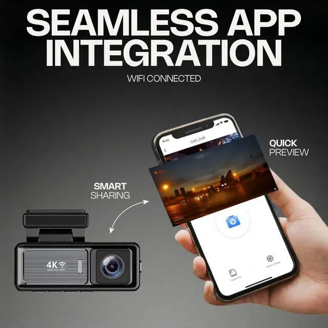 Alt view image 5 of 6 - 4K Dual Dash Cam Front and Rear UHD 2160P & 1080P Car Camera with WiFi, 60FPS, 64GB SD Card Included, Night Vision, Parking Mode, G-Sensor, Loop Recording, 170° Dash Camera for Cars Trucks RV