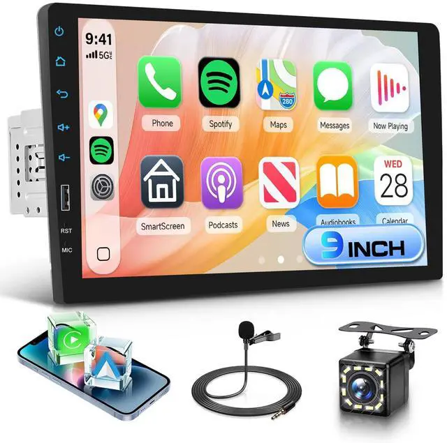 Main image of 9 Inch Single Din Car Radio Stereo, Wireless CarPlay Android Auto, 1 Din Touchscreen Car Stereo, Bluetooth FM EQ USB SWC MIC, Support Mirror Link Backup Camera