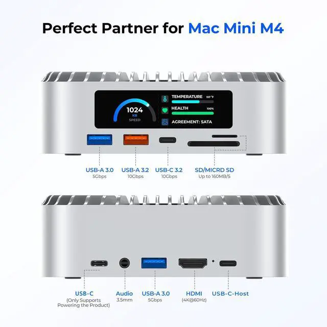 Alt view image 2 of 6 - All-in-One Dock for Mac mini M4 with Smart Displays, NVMe/SATA SSD Enclosure, 4K60Hz HDMI, 10G USB-A/C, 5G USB-A*2, USB-C Charging, SD/TF, Audio Mac mini M4 HUB &Docking Station(2024)