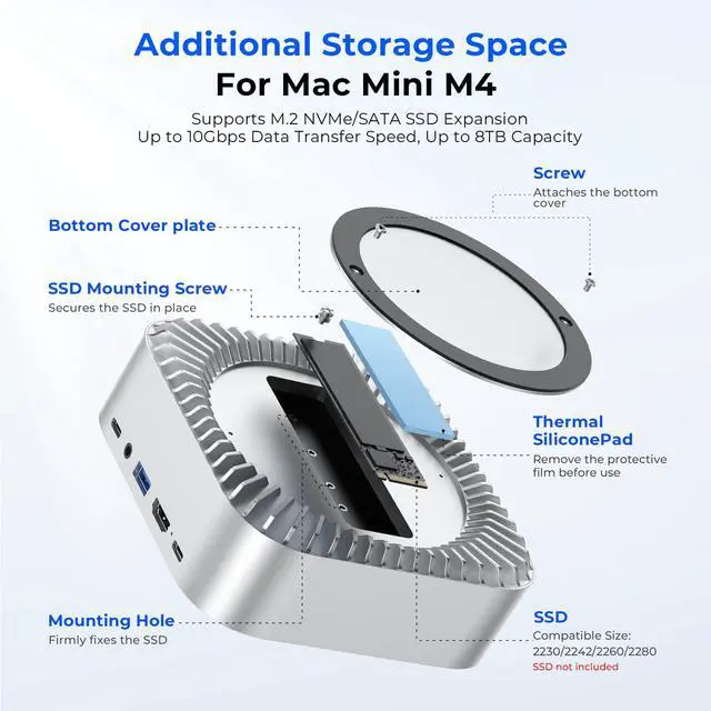 Alt view image 6 of 6 - All-in-One Dock for Mac mini M4 with Smart Displays, NVMe/SATA SSD Enclosure, 4K60Hz HDMI, 10G USB-A/C, 5G USB-A*2, USB-C Charging, SD/TF, Audio Mac mini M4 HUB &Docking Station(2024)