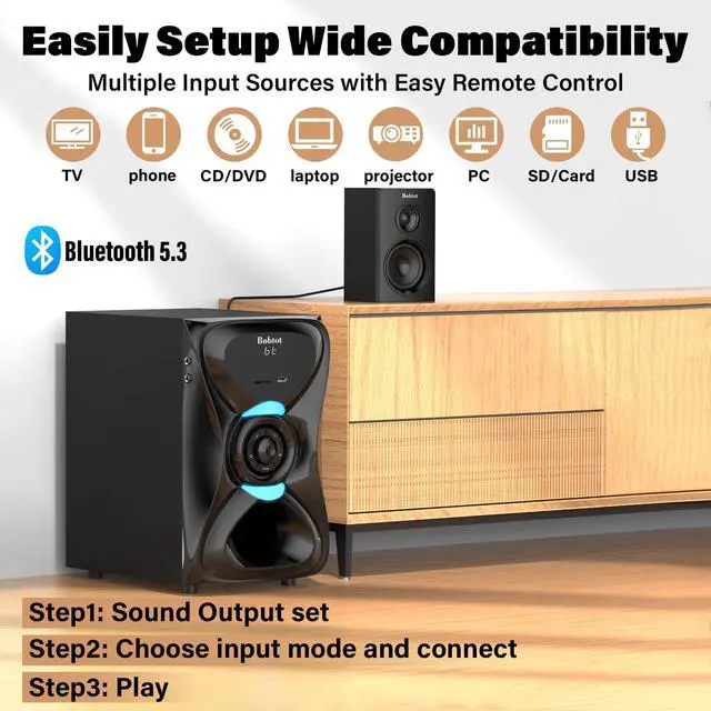 Alt view image 3 of 6 - 5.1 Home Theater Sound System Wireless Rear Satellite Speakers | 1000W Peak Punchy Bass 8 inch Subwoofer Surround Sound Systems with ARC Optical Bluetooth AUX Input for TV