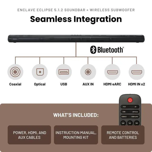 Alt view image 6 of 6 - Enclave Eclipse 5.1.2 Dolby Atmos Soundbar with 8 Wireless Subwoofer - Includes 11 Custom Drivers & 8-Inch Subwoofer for Multidimensional Spatial Sound