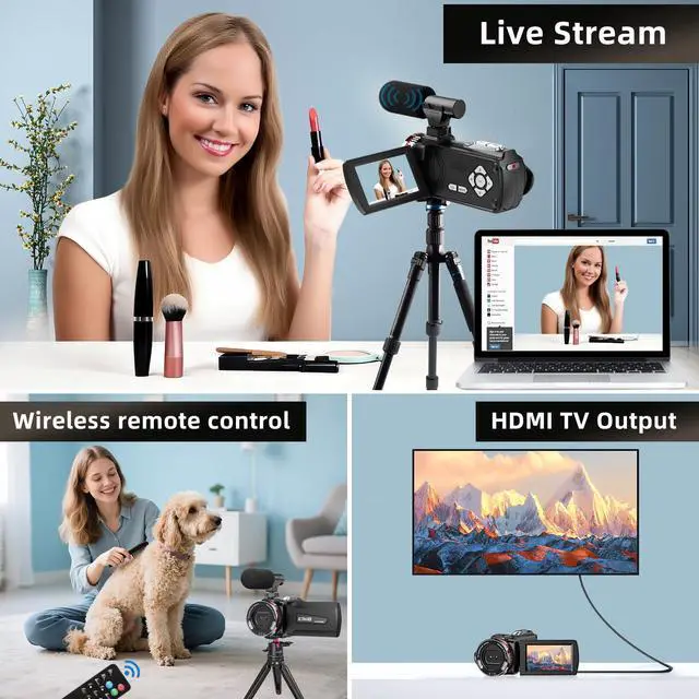 Alt view image 6 of 6 - 4K 64MP Dual Lens Video Camcorder for Vlogging YouTube, 3.0" Flip Screen Digital Camera Recorder, 18X Digital Zoom Camcorder Kit with External Stereo Microphone, Remote, 64GB Card & 2 Batteries