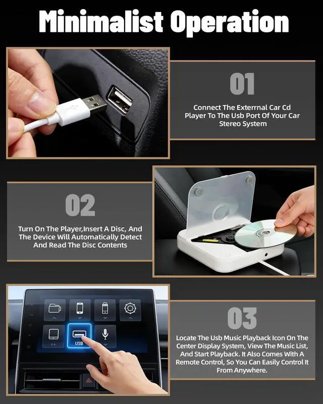 Alt view image 2 of 6 - Portable CD Player for Car, Plug and Play with USB/AUX Port | External CD Player Compatible with Car Stereo, Laptop, TV, Computer and Android 4.4 and Above Navigation(White)