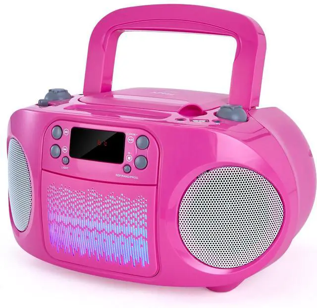 Main image of Kids Portable CD Player Boombox with Bluetooth & Multi-Color LED Lights - Pink Stereo Radio with USB/AUX, Karaoke Mic Input, MP3 Music Player for Girls