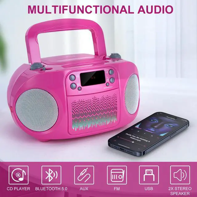 Alt view image 2 of 6 - Kids Portable CD Player Boombox with Bluetooth & Multi-Color LED Lights - Pink Stereo Radio with USB/AUX, Karaoke Mic Input, MP3 Music Player for Girls
