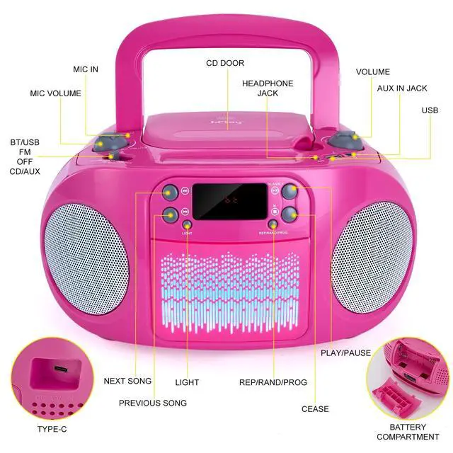 Alt view image 4 of 6 - Kids Portable CD Player Boombox with Bluetooth & Multi-Color LED Lights - Pink Stereo Radio with USB/AUX, Karaoke Mic Input, MP3 Music Player for Girls