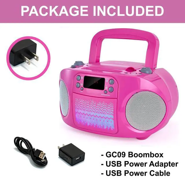 Alt view image 6 of 6 - Kids Portable CD Player Boombox with Bluetooth & Multi-Color LED Lights - Pink Stereo Radio with USB/AUX, Karaoke Mic Input, MP3 Music Player for Girls