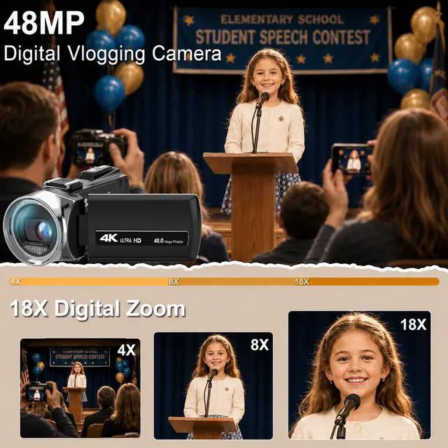 Alt view image 3 of 6 - 4K 48MP Video Camera for YouTube, Compact Camcorder with Microphone | Anti-Shake Night Vision Function, WiFi Webcam, 2 Batteries, 18X Zoom Vlogging Camera for Beginners Kids Teens Adults