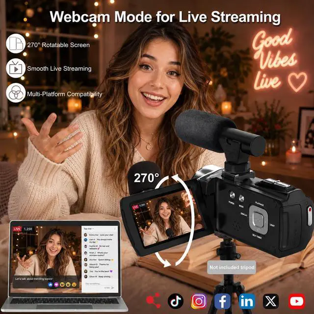 Alt view image 6 of 6 - 4K 48MP Video Camera for YouTube, Compact Camcorder with Microphone | Anti-Shake Night Vision Function, WiFi Webcam, 2 Batteries, 18X Zoom Vlogging Camera for Beginners Kids Teens Adults