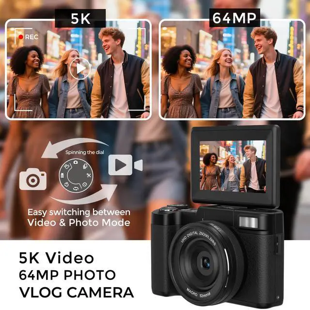 Alt view image 2 of 6 - 5K Vlogging Camera with WiFi 4K Digital Camera for Photography | Flip Screen, Slow Motion, Self-timer, 64MP Video Camera for Youtube with Selfie Light, Desk Tripod, Batteries, Strap