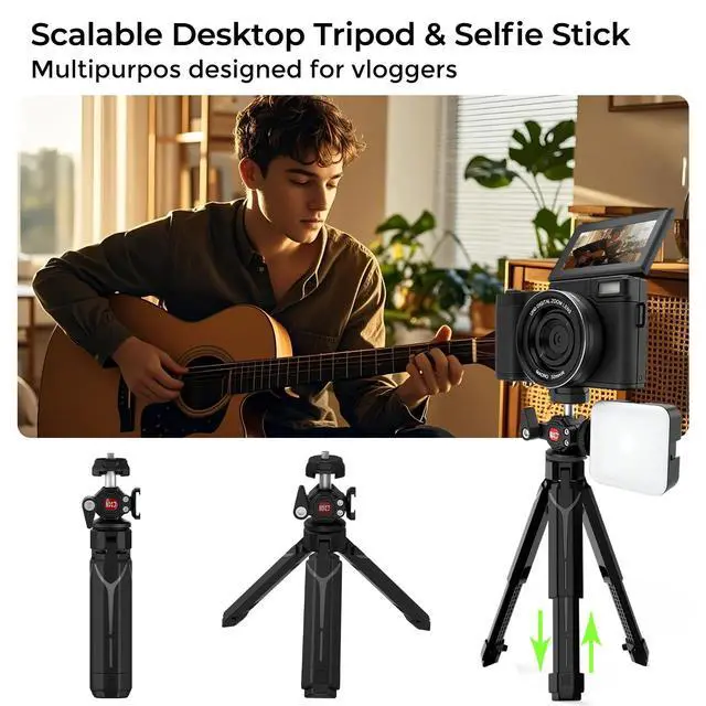 Alt view image 5 of 6 - 5K Vlogging Camera with WiFi 4K Digital Camera for Photography | Flip Screen, Slow Motion, Self-timer, 64MP Video Camera for Youtube with Selfie Light, Desk Tripod, Batteries, Strap