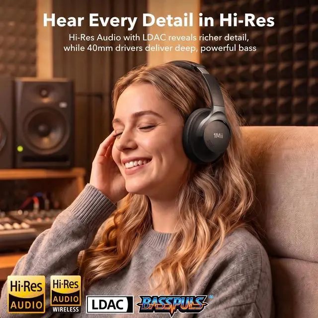 Alt view image 3 of 6 - Hybrid Active Noise Cancelling Bluetooth Headphones with Hi-Res Audio | Over Ear Headphones Wireless Bluetooth 6.0, Clear Calls, Deep Bass, 100H Playtime, Comfortable Fit for Travel, Office