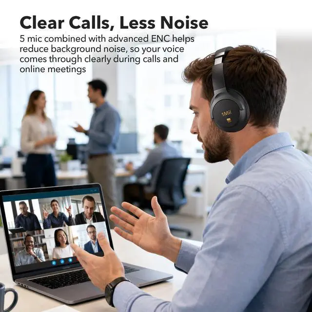 Alt view image 5 of 6 - Hybrid Active Noise Cancelling Bluetooth Headphones with Hi-Res Audio | Over Ear Headphones Wireless Bluetooth 6.0, Clear Calls, Deep Bass, 100H Playtime, Comfortable Fit for Travel, Office
