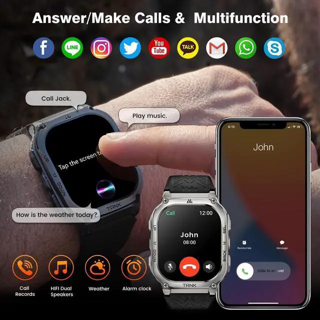 Alt view image 4 of 6 - Smart Watch - Rugged Outdoor Fitness Watch, 170+ Sports Modes, 5 ATM & IP69K, 15 Days Battery, Answer/Make Call, 2" AMOLED Display, Health Monitor, Compatible for iOS & Android