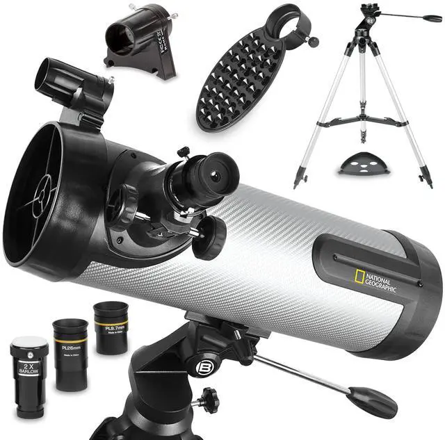 Main image of National Geographic NT114CF 114mm Reflector Telescope Carbon-Fiber Tube, 500mm Focal Length (f/4.4), Includes 2 Plssl Eyepieces, 2 Barlow Lens, Red-Dot Finder, Smartphone Adapter & Tripod